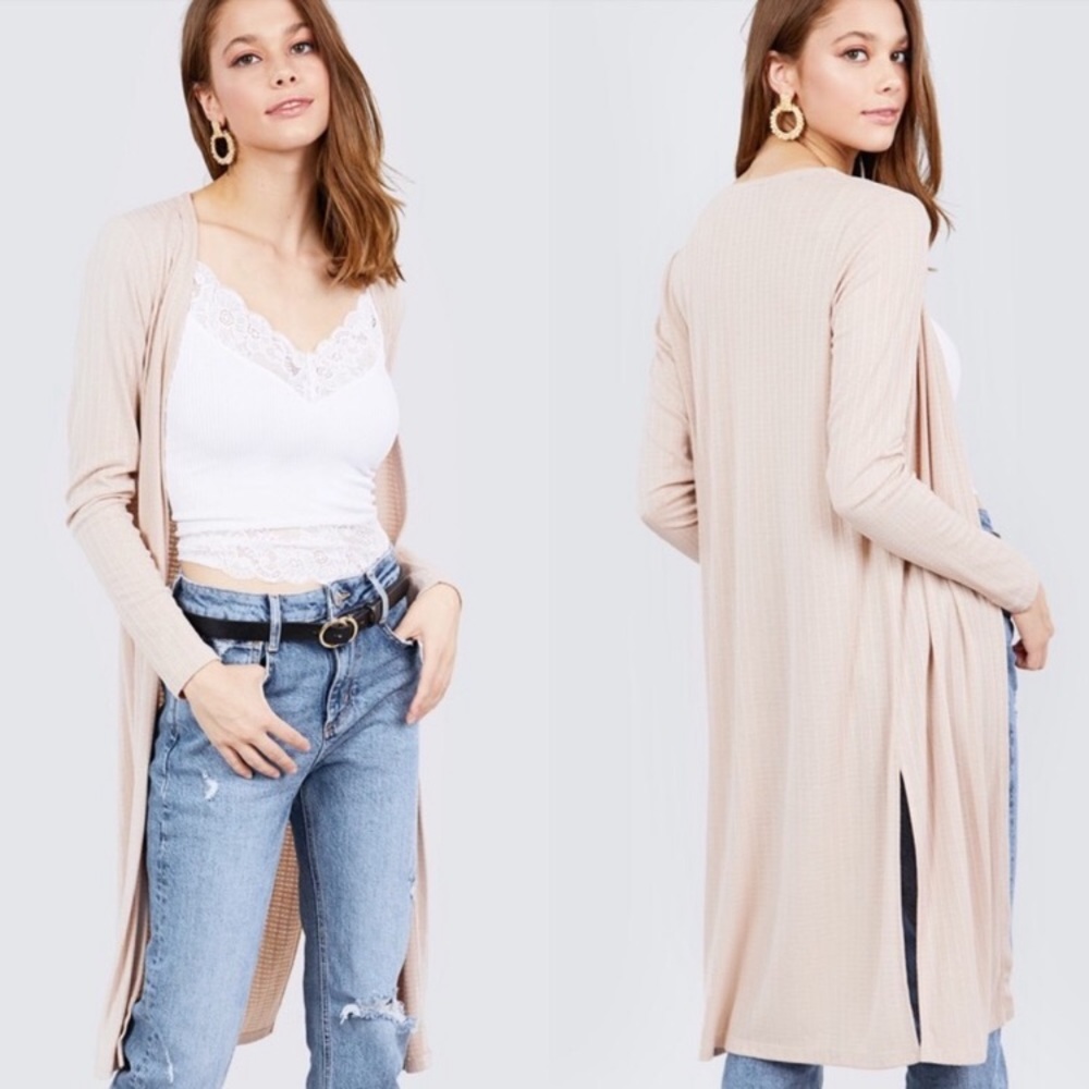 Active USA Side Slit Open Cardigan Duster in Taupe Tan Size Large - Picture 3 of 16